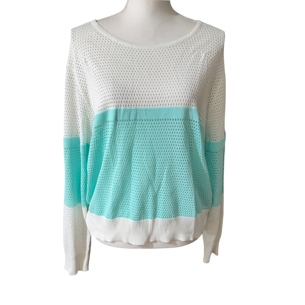 Aleeza Paris Katcy Mesh Top Ivory Mint Green Stripe Sweater 5X RUNS SMALL NWT